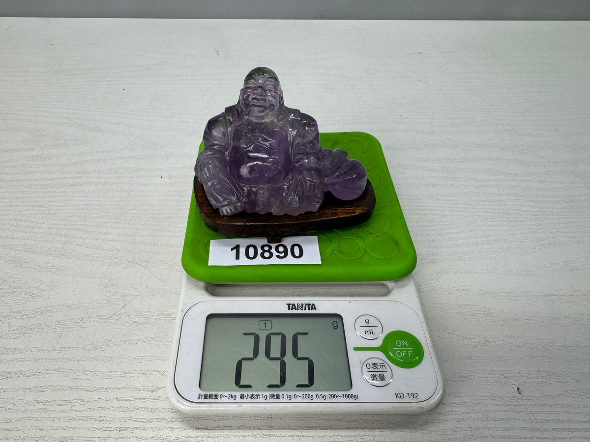 Y10890 STATUE Amethyst Hotei figurine wooden stand Lucky Charm Japan antique