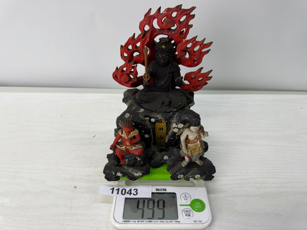 Y11043 STATUE wood carving Fudo Triad figure painted Japan antique Buddhist art