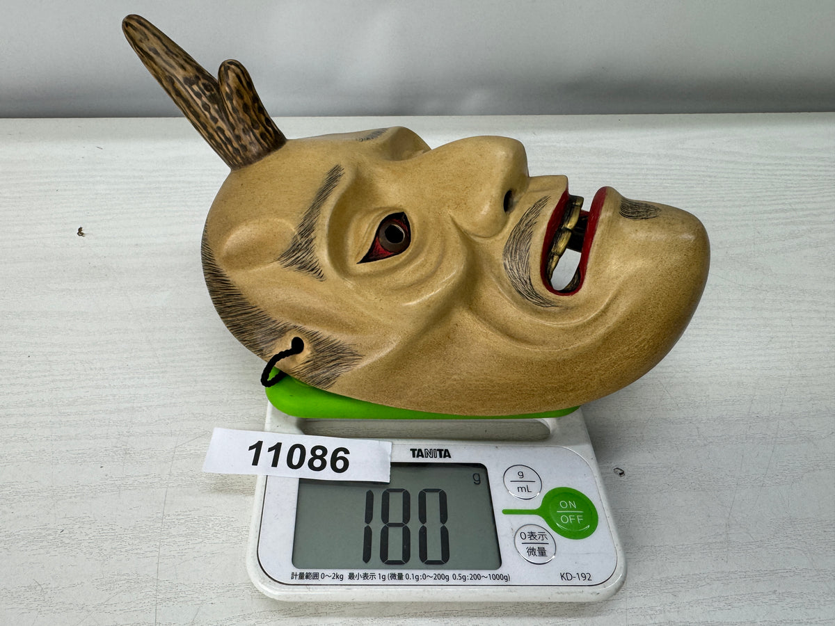 Y11086 NOH MASK wood carving Ikkaku Sennin signed Japan antique omen dance drama