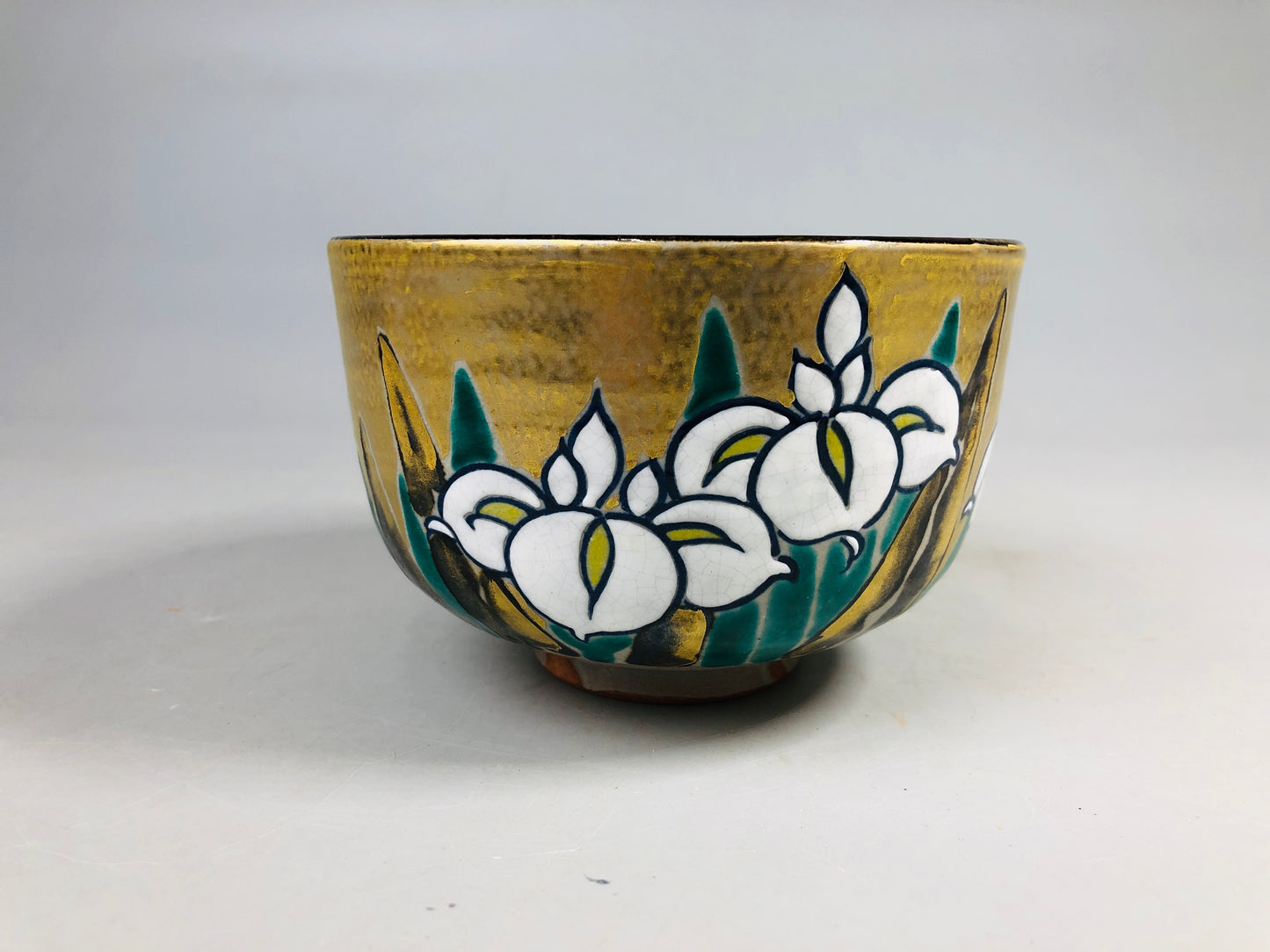Y7172 CHAWAN Kyo-ware bowl signed box Iris Japan antique tea ceremony pottery