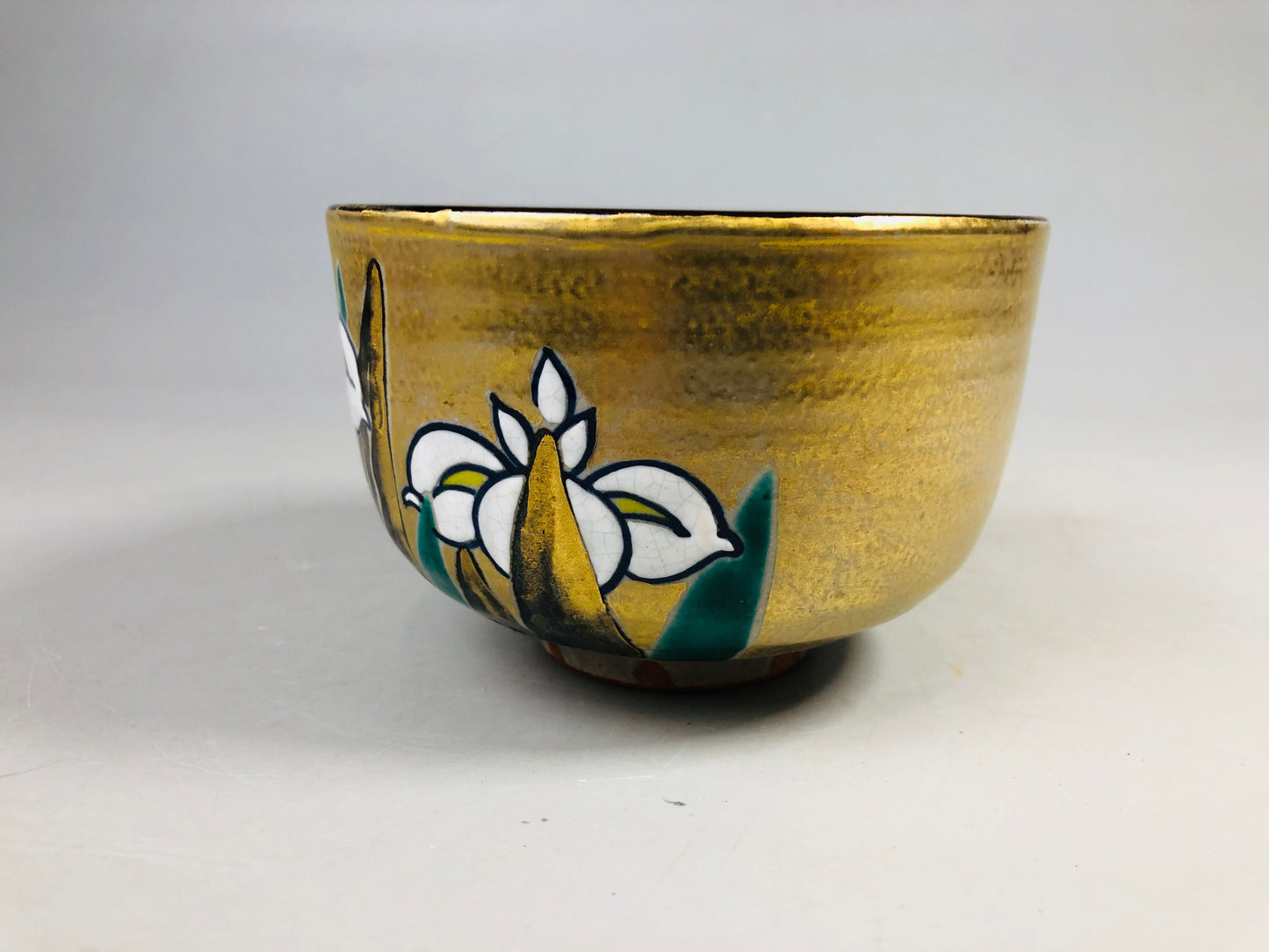 Y7172 CHAWAN Kyo-ware bowl signed box Iris Japan antique tea ceremony pottery