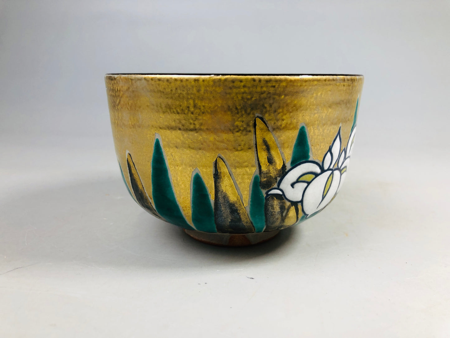 Y7172 CHAWAN Kyo-ware bowl signed box Iris Japan antique tea ceremony pottery