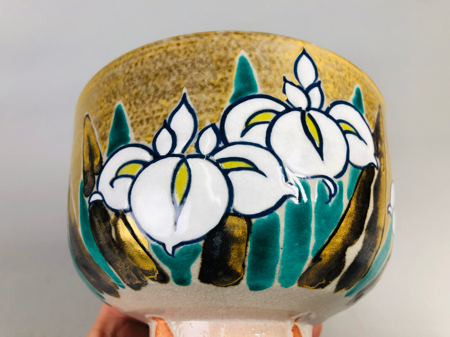 Y7172 CHAWAN Kyo-ware bowl signed box Iris Japan antique tea ceremony pottery