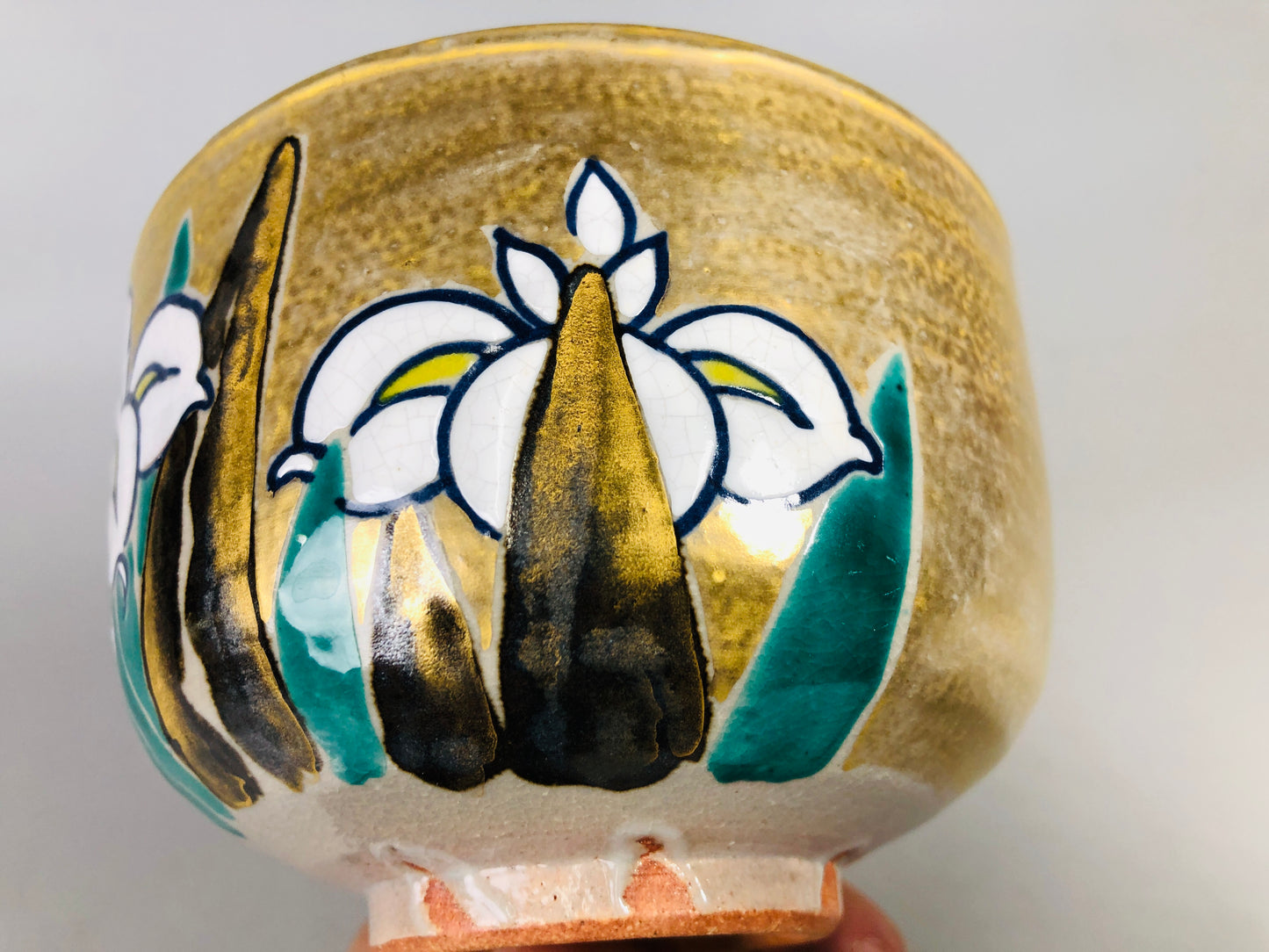 Y7172 CHAWAN Kyo-ware bowl signed box Iris Japan antique tea ceremony pottery
