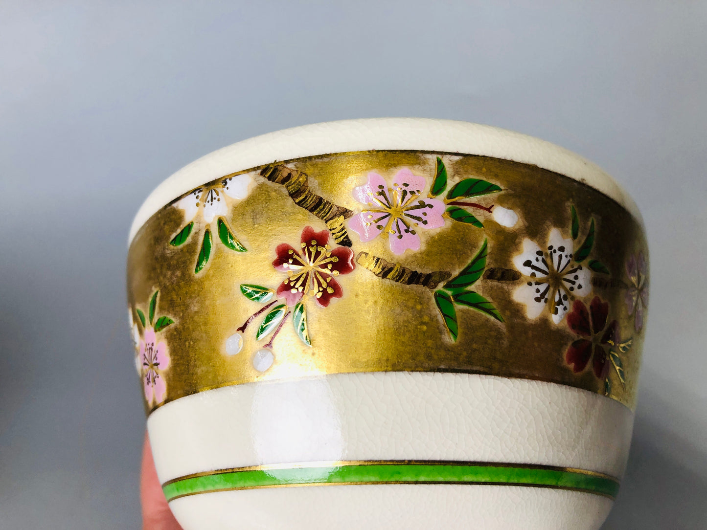 Y7178 CHAWAN Kyo-ware bowl signed box cherry blossoms Japan antique tea ceremony