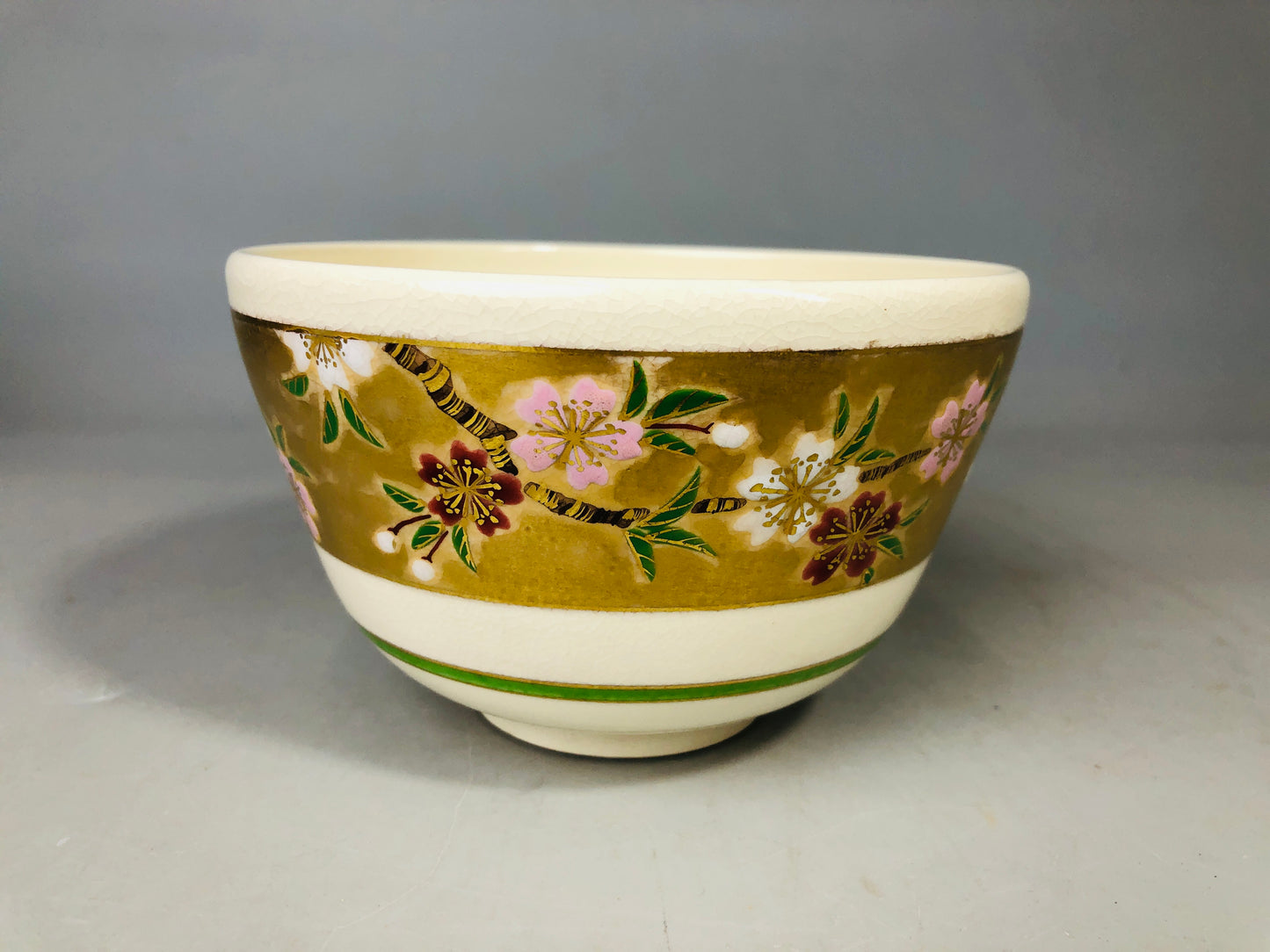 Y7178 CHAWAN Kyo-ware bowl signed box cherry blossoms Japan antique tea ceremony