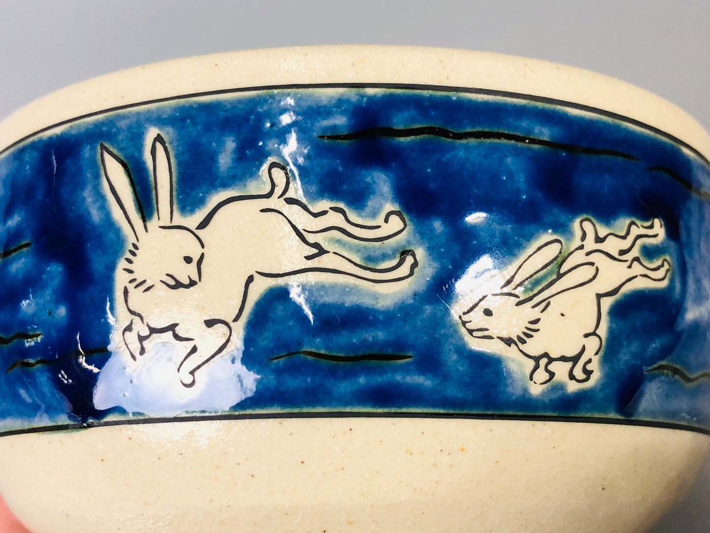 Y7179 CHAWAN Mino-ware bowl signed box rabbit moon Japan antique tea ceremony