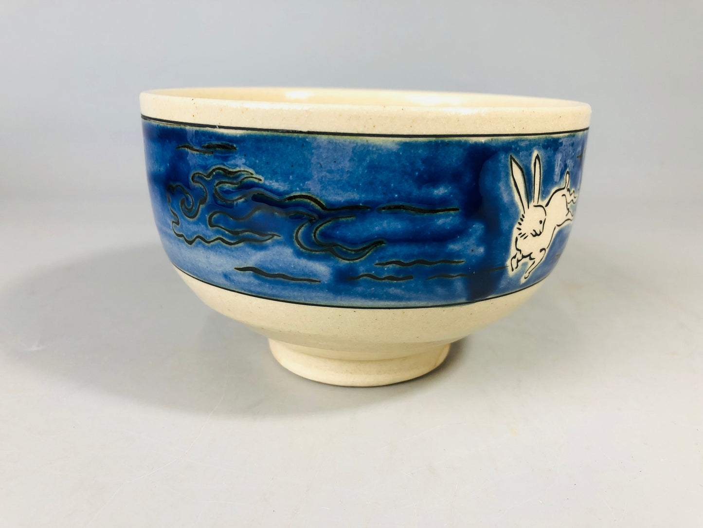 Y7179 CHAWAN Mino-ware bowl signed box rabbit moon Japan antique tea ceremony