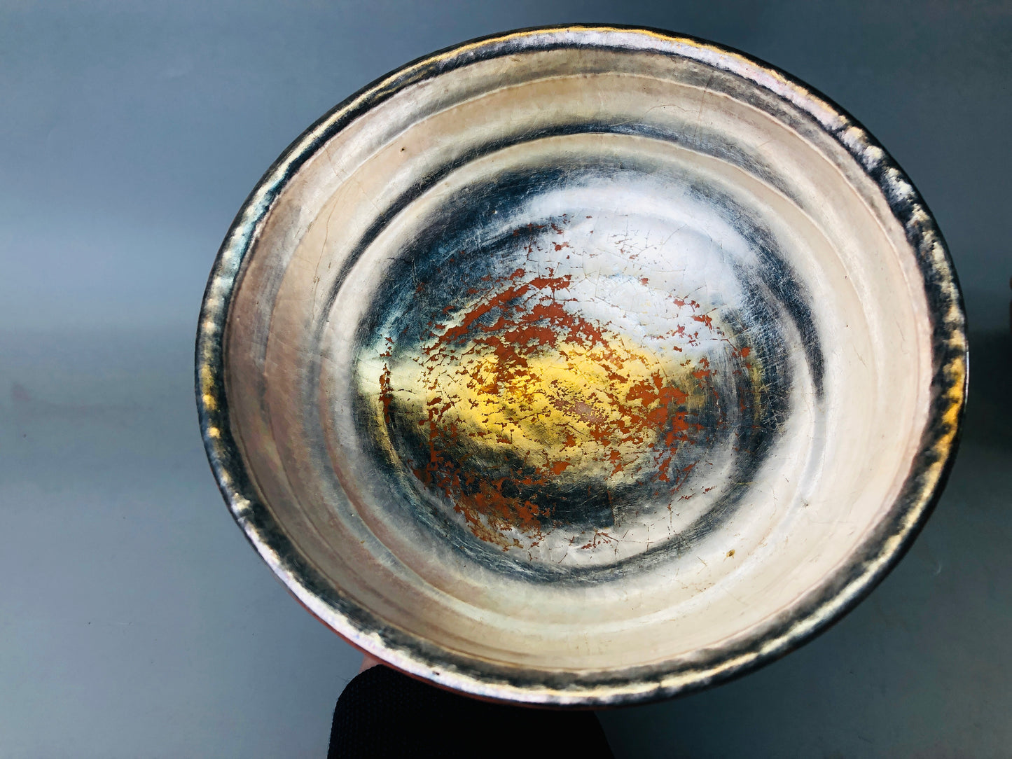 Y7199 CHAWAN Raku-ware gold silver bowl signed box Japan antique tea ceremony