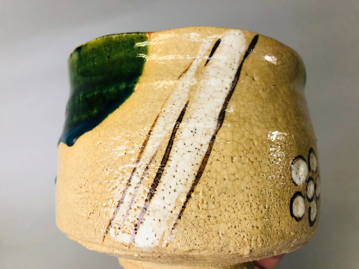 Y7200 CHAWAN Oribe-ware bowl signed box Japan antique tea ceremony pottery cup