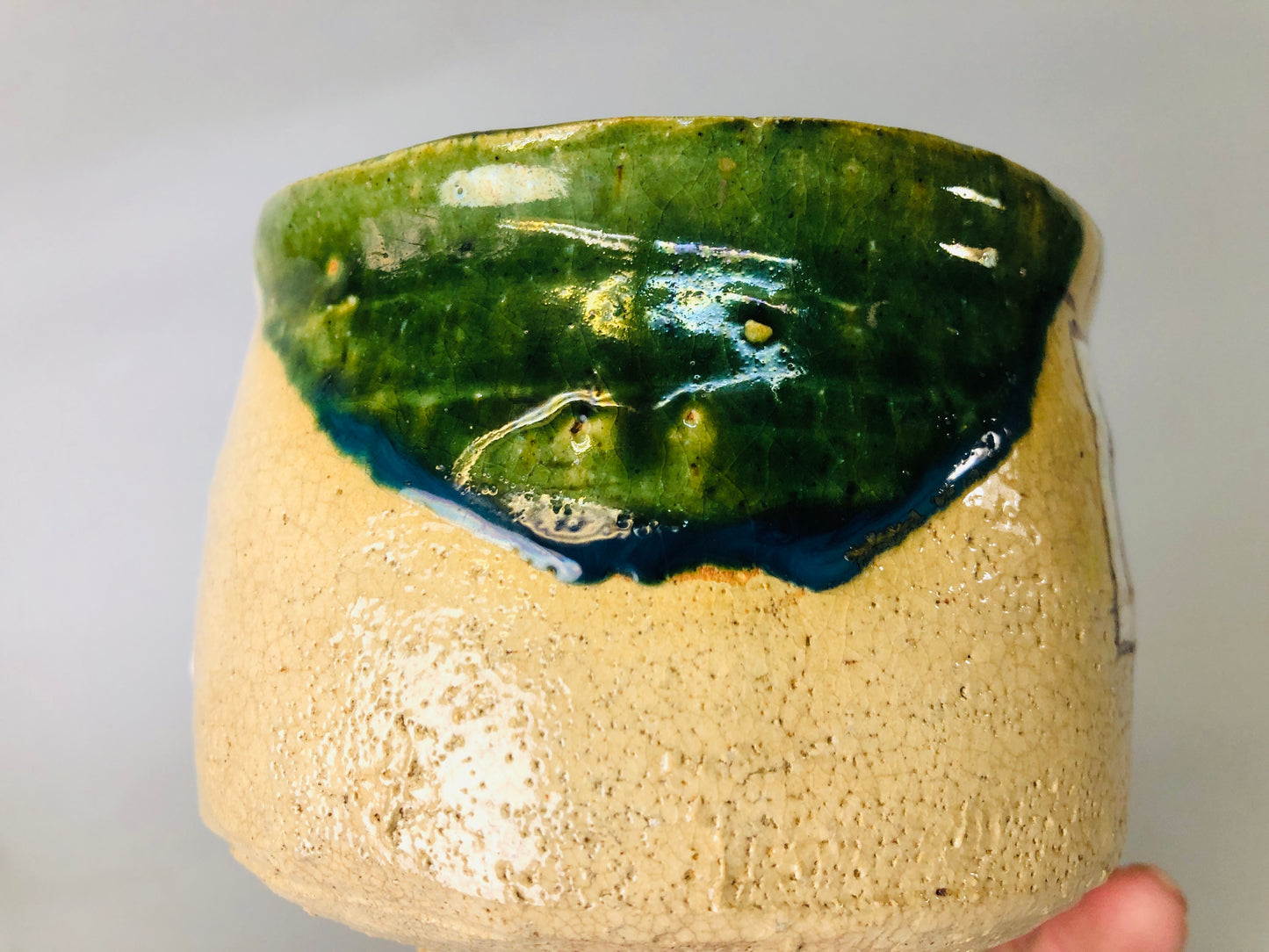 Y7200 CHAWAN Oribe-ware bowl signed box Japan antique tea ceremony pottery cup