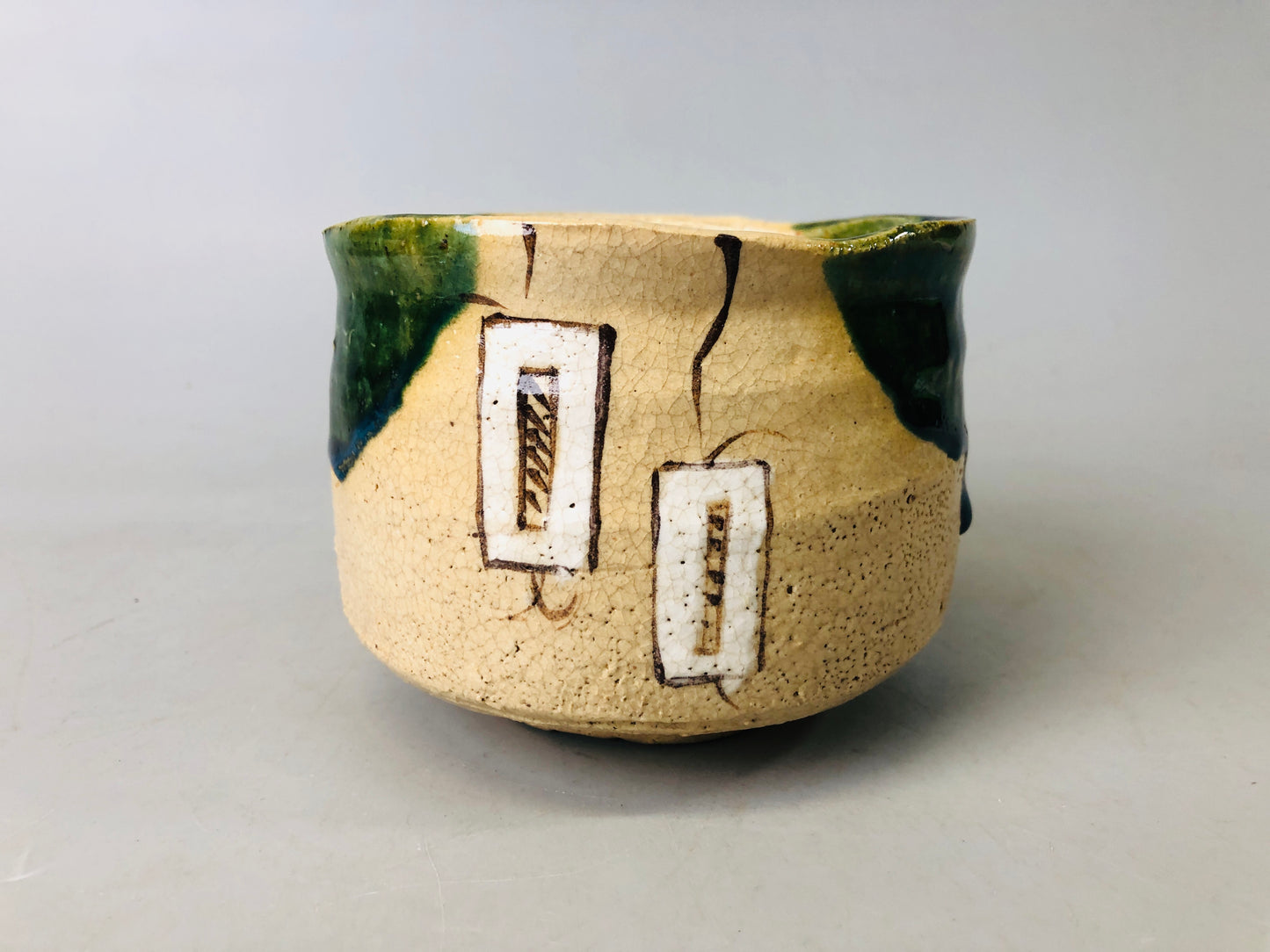 Y7200 CHAWAN Oribe-ware bowl signed box Japan antique tea ceremony pottery cup
