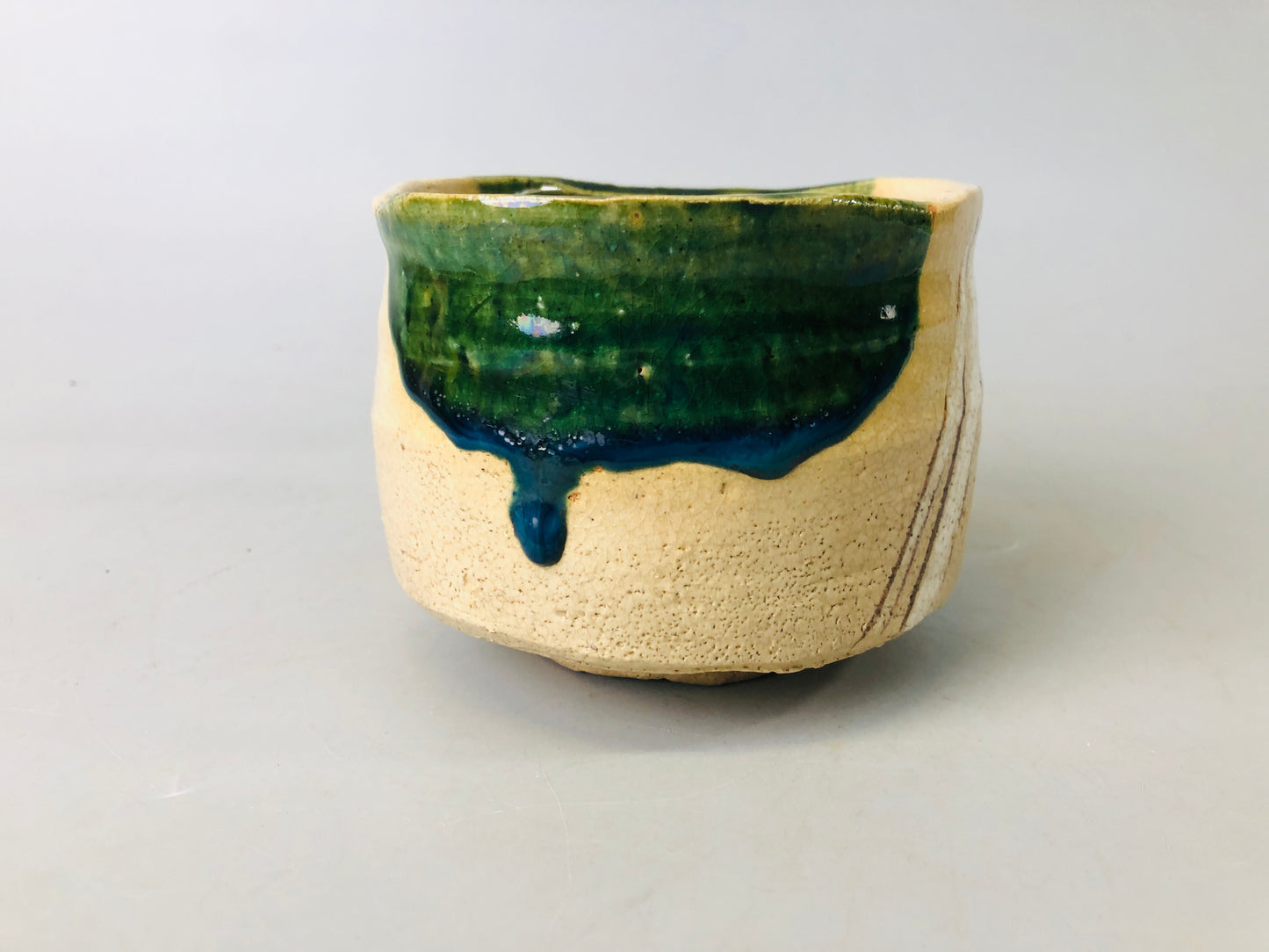 Y7200 CHAWAN Oribe-ware bowl signed box Japan antique tea ceremony pottery cup