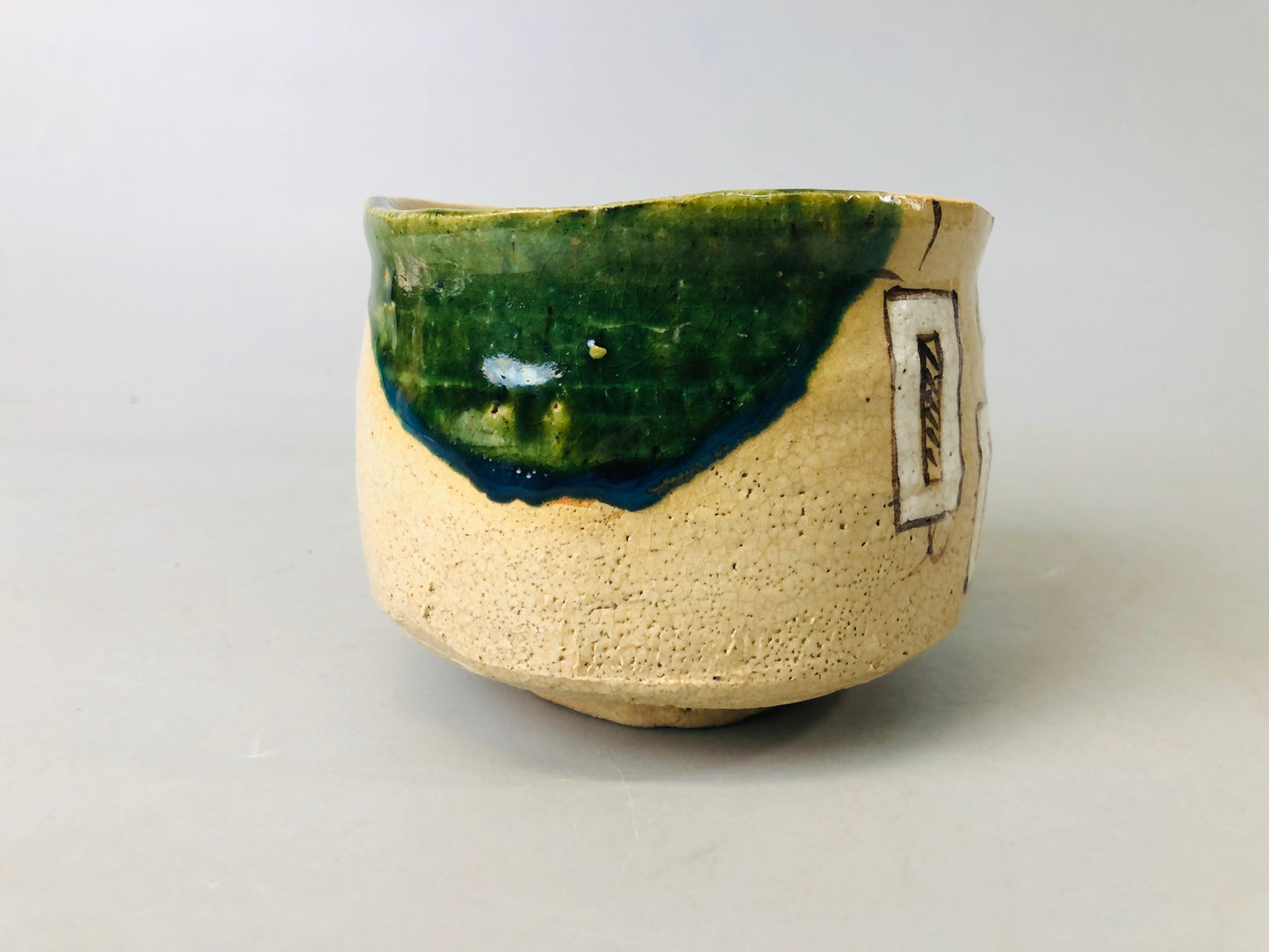 Y7200 CHAWAN Oribe-ware bowl signed box Japan antique tea ceremony pottery cup