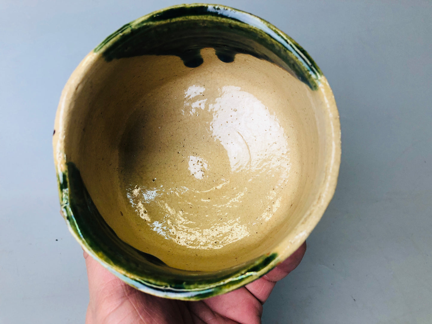 Y7200 CHAWAN Oribe-ware bowl signed box Japan antique tea ceremony pottery cup