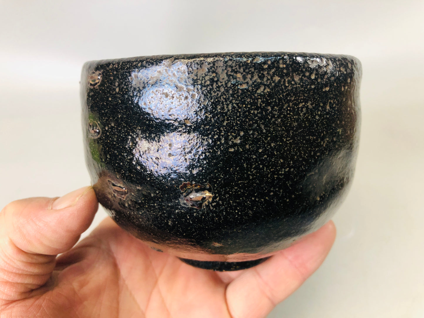 Y7243 CHAWAN Raku-ware black bowl Clamp fix bag box Japan antique tea ceremony
