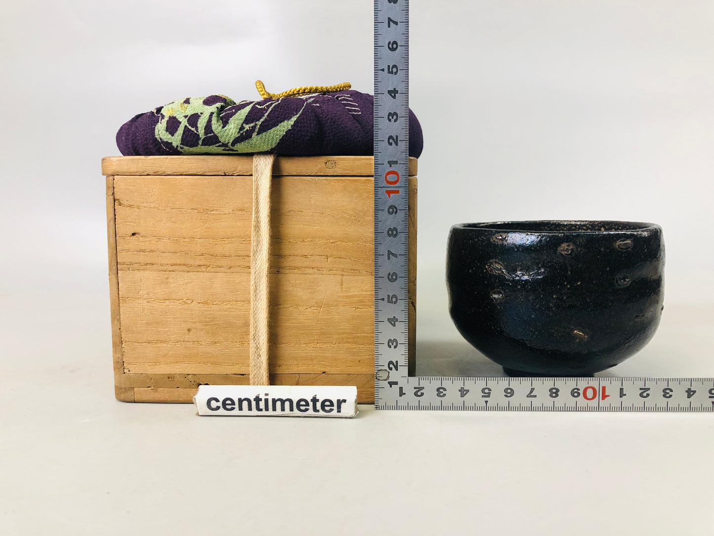 Y7243 CHAWAN Raku-ware black bowl Clamp fix bag box Japan antique tea ceremony