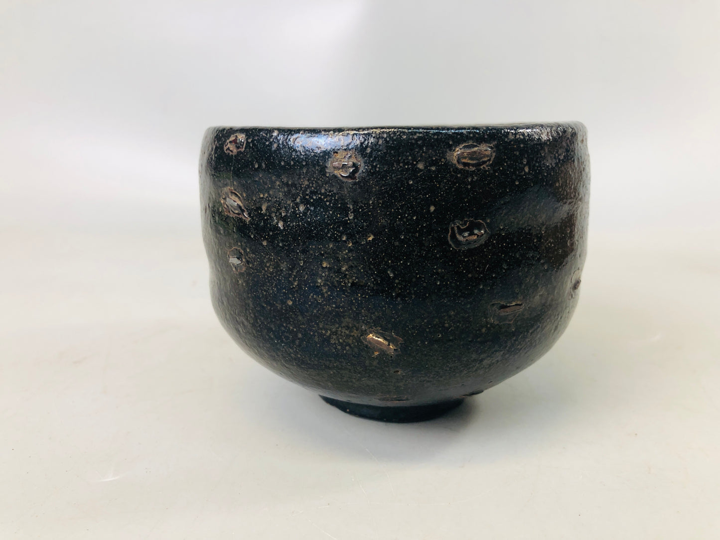 Y7243 CHAWAN Raku-ware black bowl Clamp fix bag box Japan antique tea ceremony