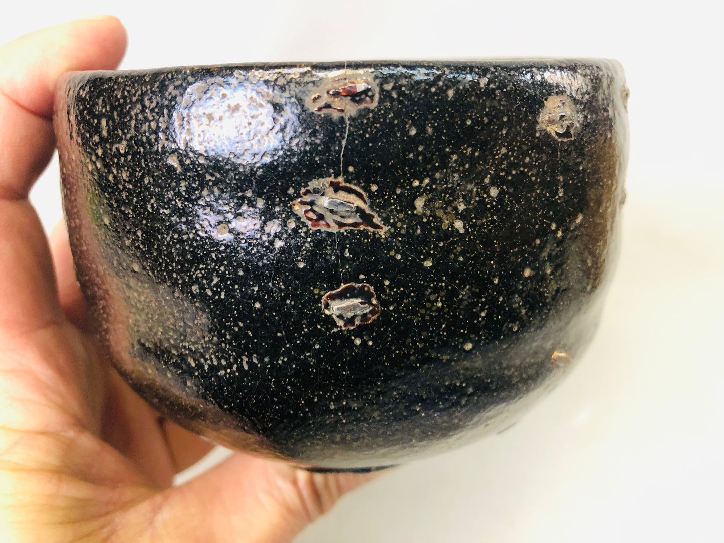 Y7243 CHAWAN Raku-ware black bowl Clamp fix bag box Japan antique tea ceremony