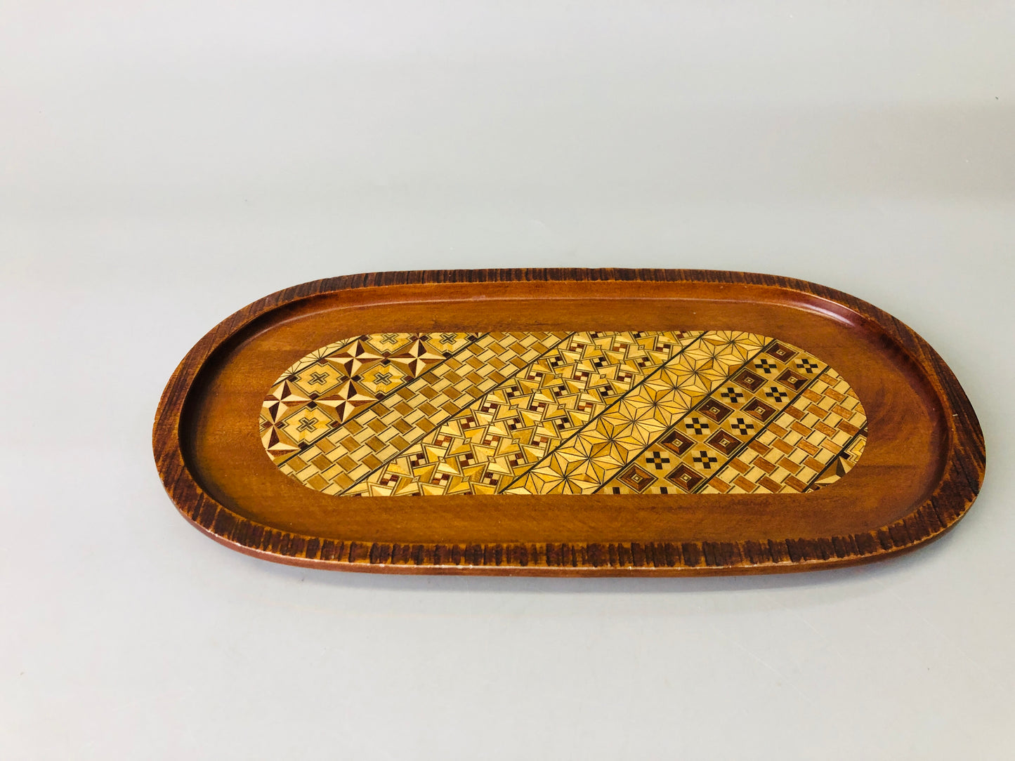 Y7289 TRAY Hakone woodwork Marquetry oval shape Japan antique wooden tableware