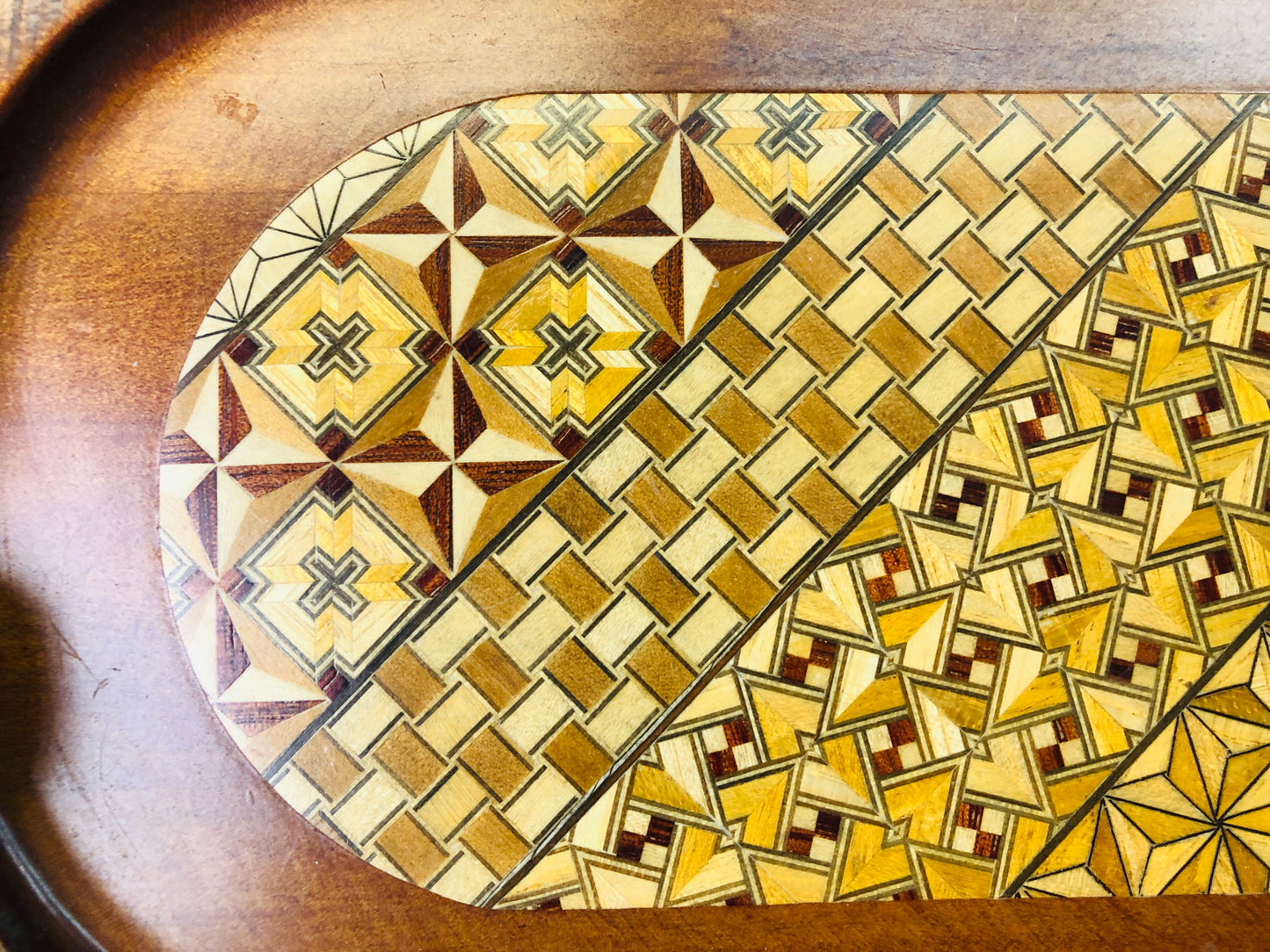 Y7289 TRAY Hakone woodwork Marquetry oval shape Japan antique wooden tableware