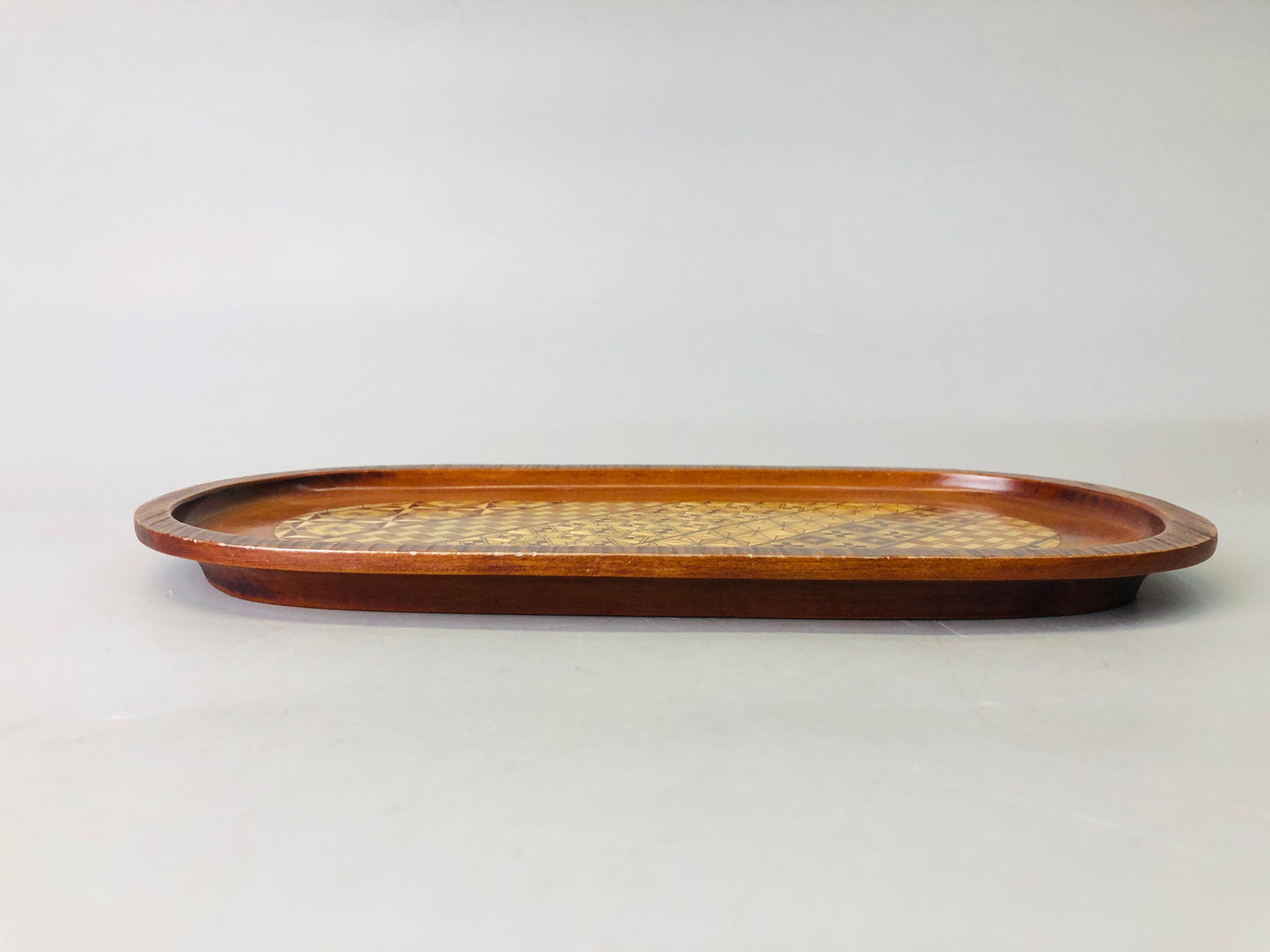 Y7289 TRAY Hakone woodwork Marquetry oval shape Japan antique wooden tableware