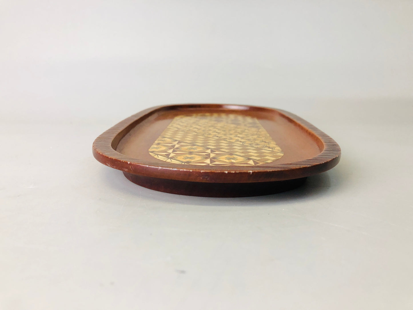 Y7289 TRAY Hakone woodwork Marquetry oval shape Japan antique wooden tableware