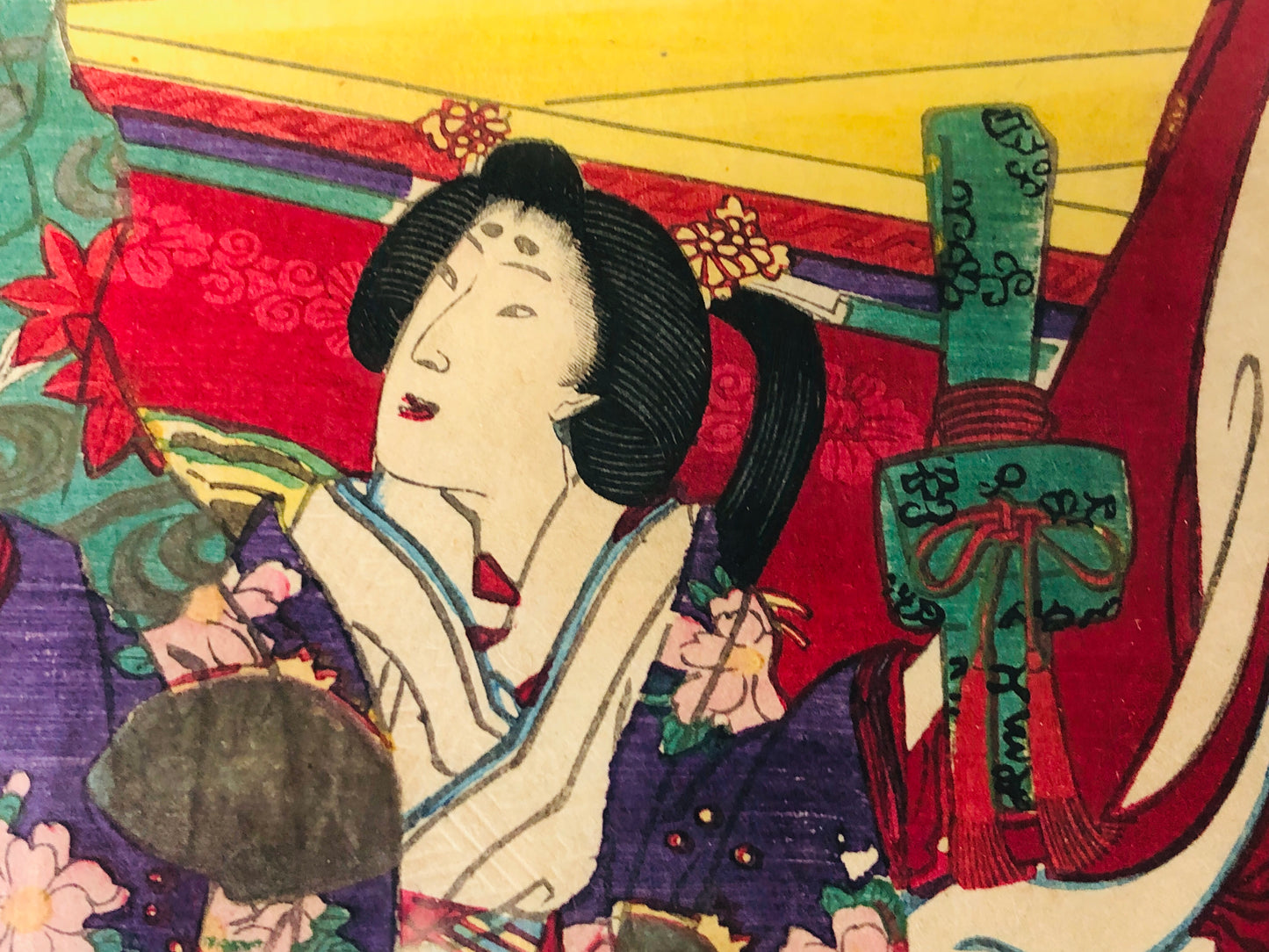 Y7309 WOODBLOCK PRINT Chikashige Flower Beautiful woman Japan Ukiyoe art antique