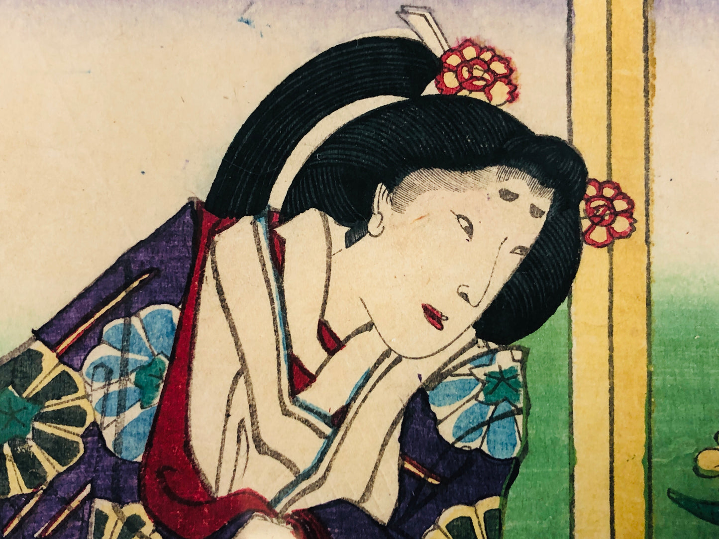 Y7309 WOODBLOCK PRINT Chikashige Flower Beautiful woman Japan Ukiyoe art antique