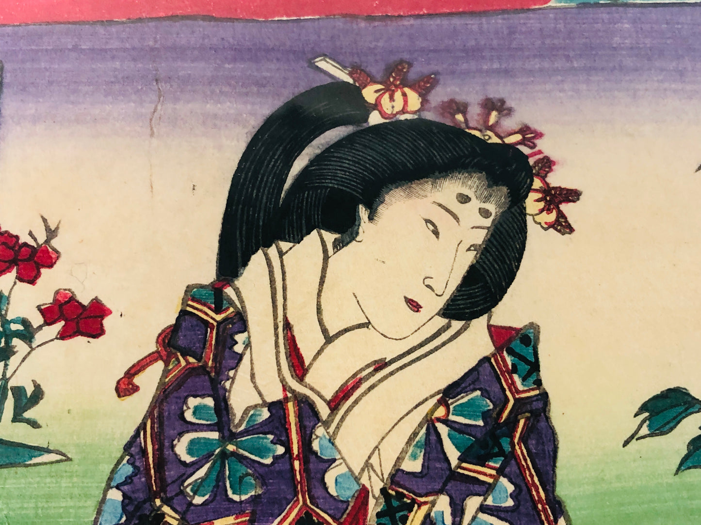 Y7309 WOODBLOCK PRINT Chikashige Flower Beautiful woman Japan Ukiyoe art antique