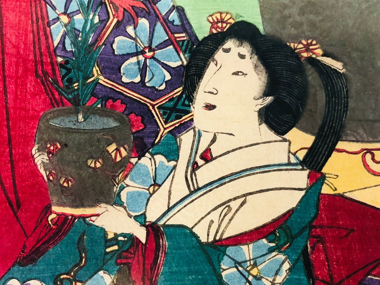 Y7309 WOODBLOCK PRINT Chikashige Flower Beautiful woman Japan Ukiyoe art antique