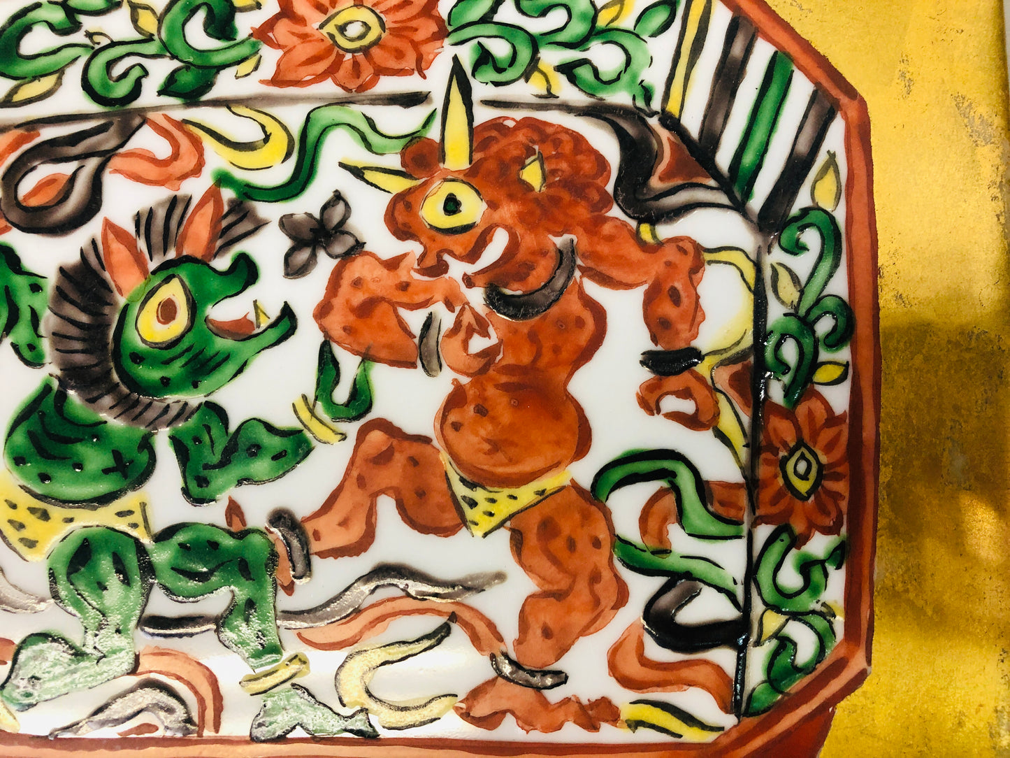 Y7321 OKIMONO Arita-ware ceramic plate color picture signed box Japan antique