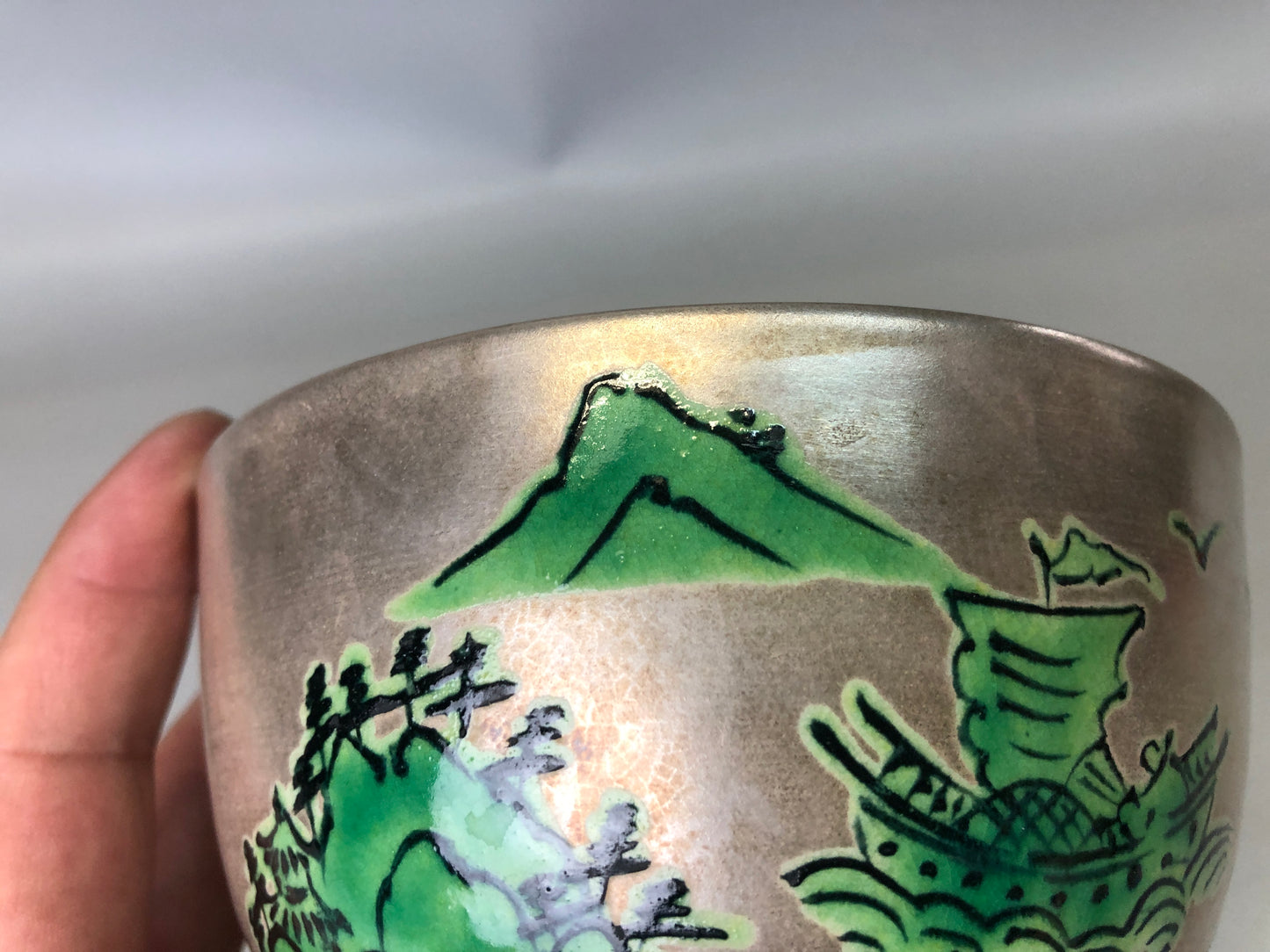 Y7360 CHAWAN Kyo-ware silver color bowl signed Japan antique tea ceremony cup
