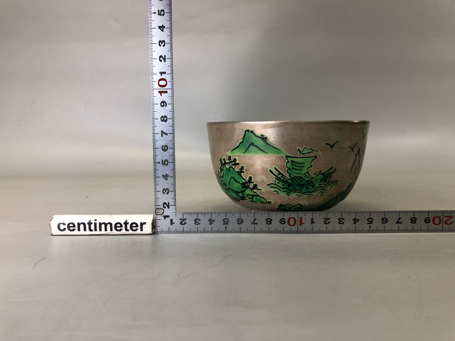 Y7360 CHAWAN Kyo-ware silver color bowl signed Japan antique tea ceremony cup