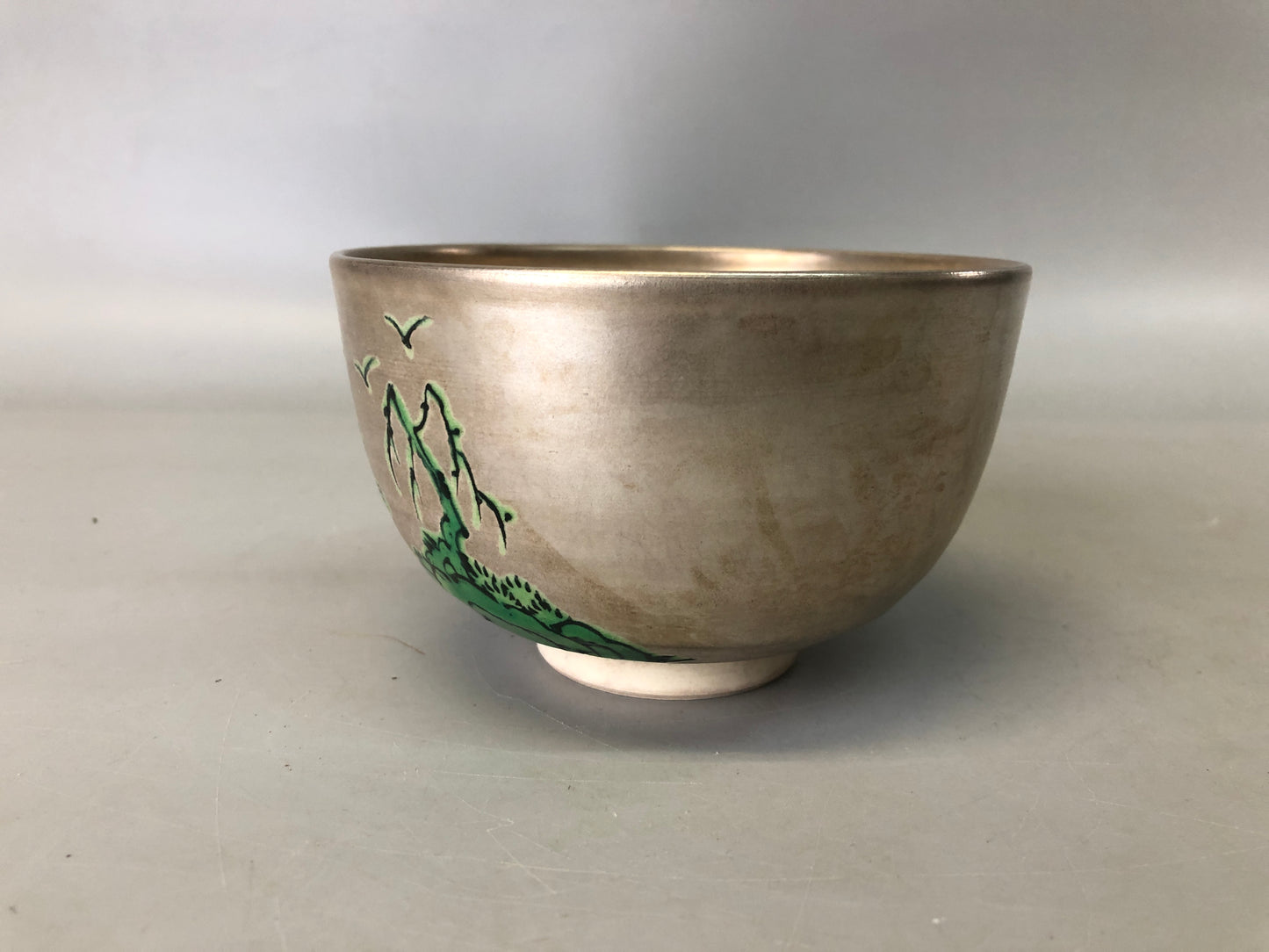 Y7360 CHAWAN Kyo-ware silver color bowl signed Japan antique tea ceremony cup