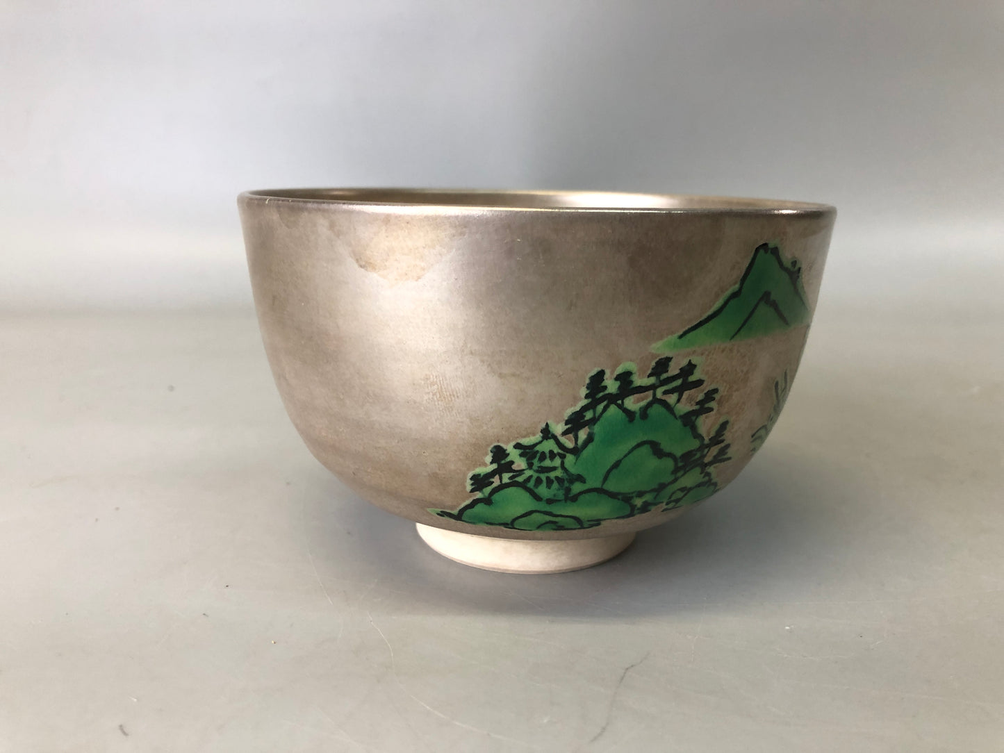 Y7360 CHAWAN Kyo-ware silver color bowl signed Japan antique tea ceremony cup