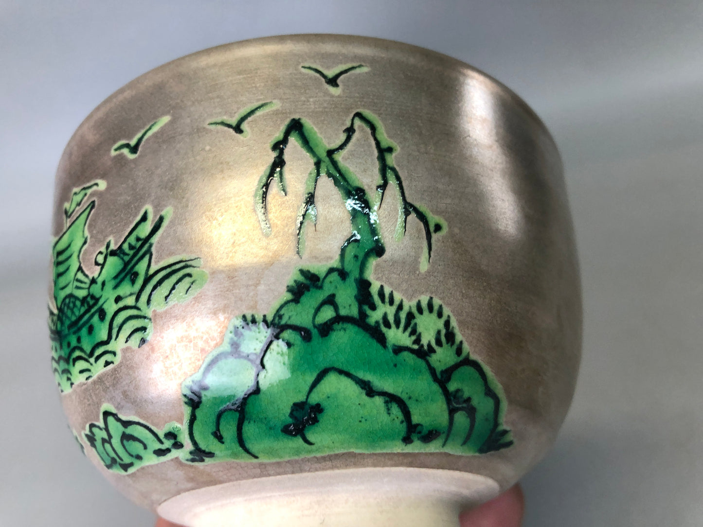 Y7360 CHAWAN Kyo-ware silver color bowl signed Japan antique tea ceremony cup