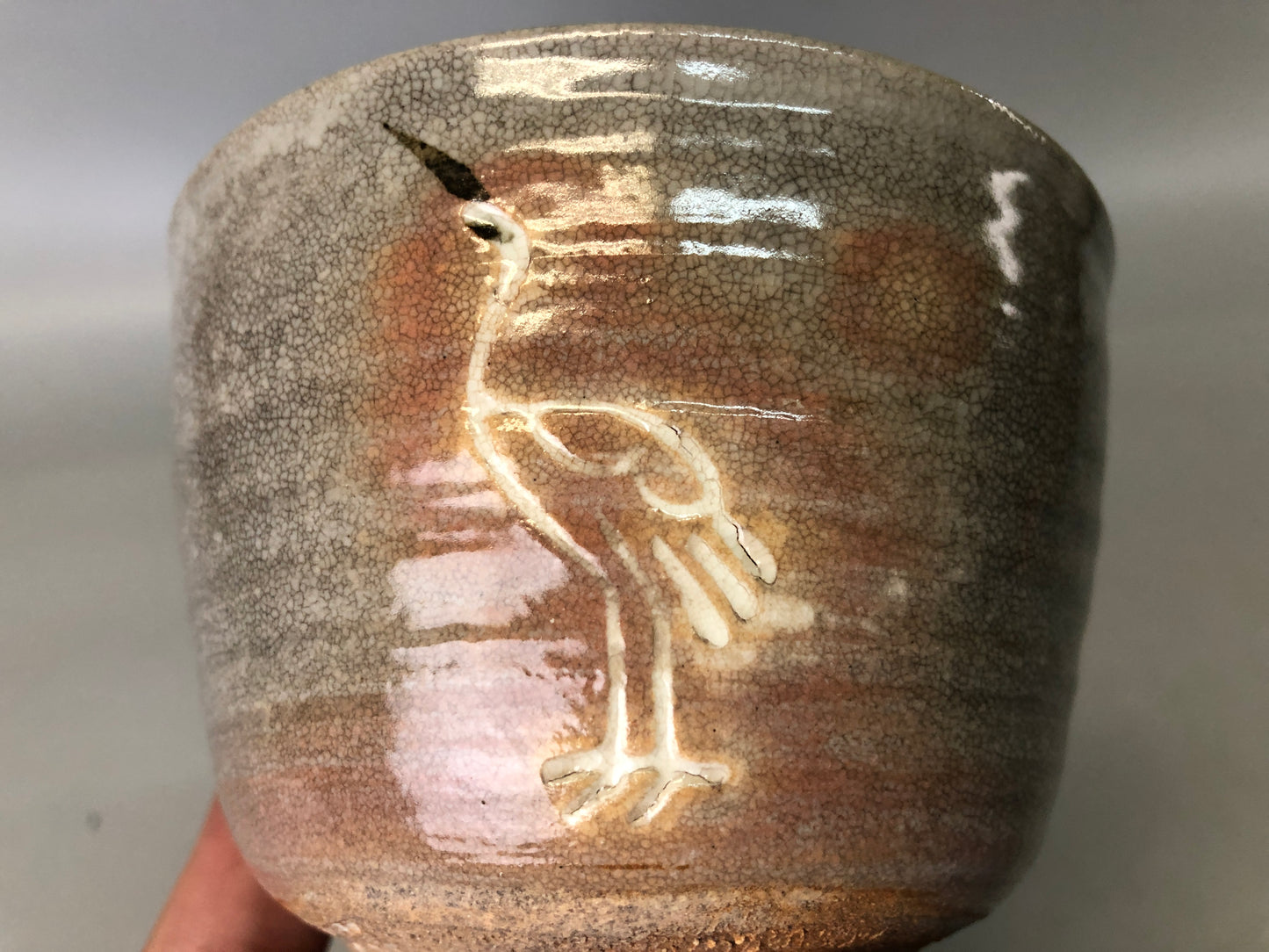 Y7362 CHAWAN Gohon Tachizuru bowl signed box Japan antique tea ceremony pottery