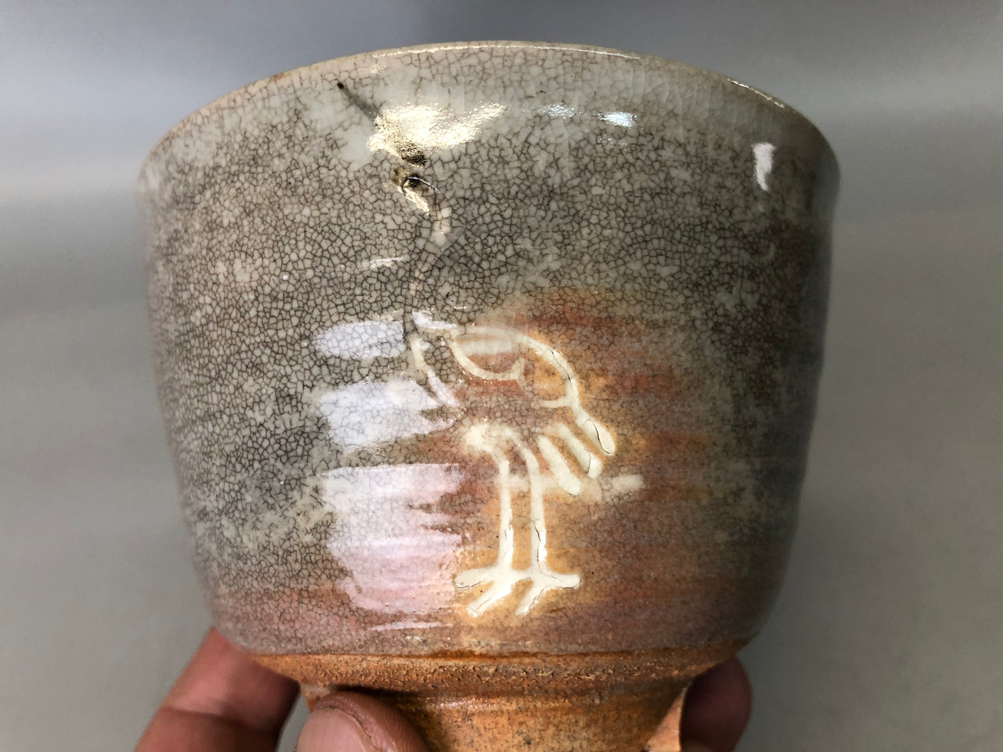 Y7362 CHAWAN Gohon Tachizuru bowl signed box Japan antique tea ceremony pottery