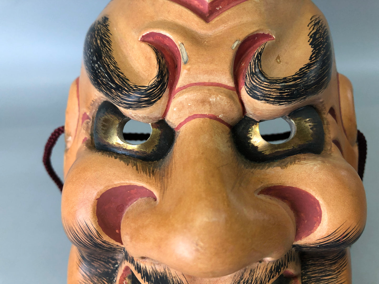 Y7368 NOH MASK wood carving bag signed Japan antique traditional drama omen men