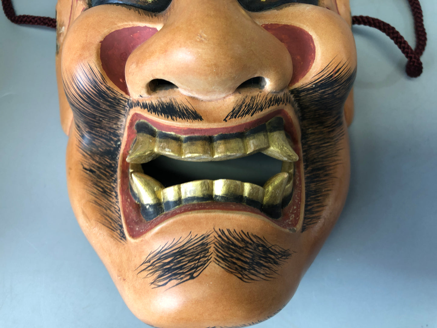 Y7368 NOH MASK wood carving bag signed Japan antique traditional drama omen men