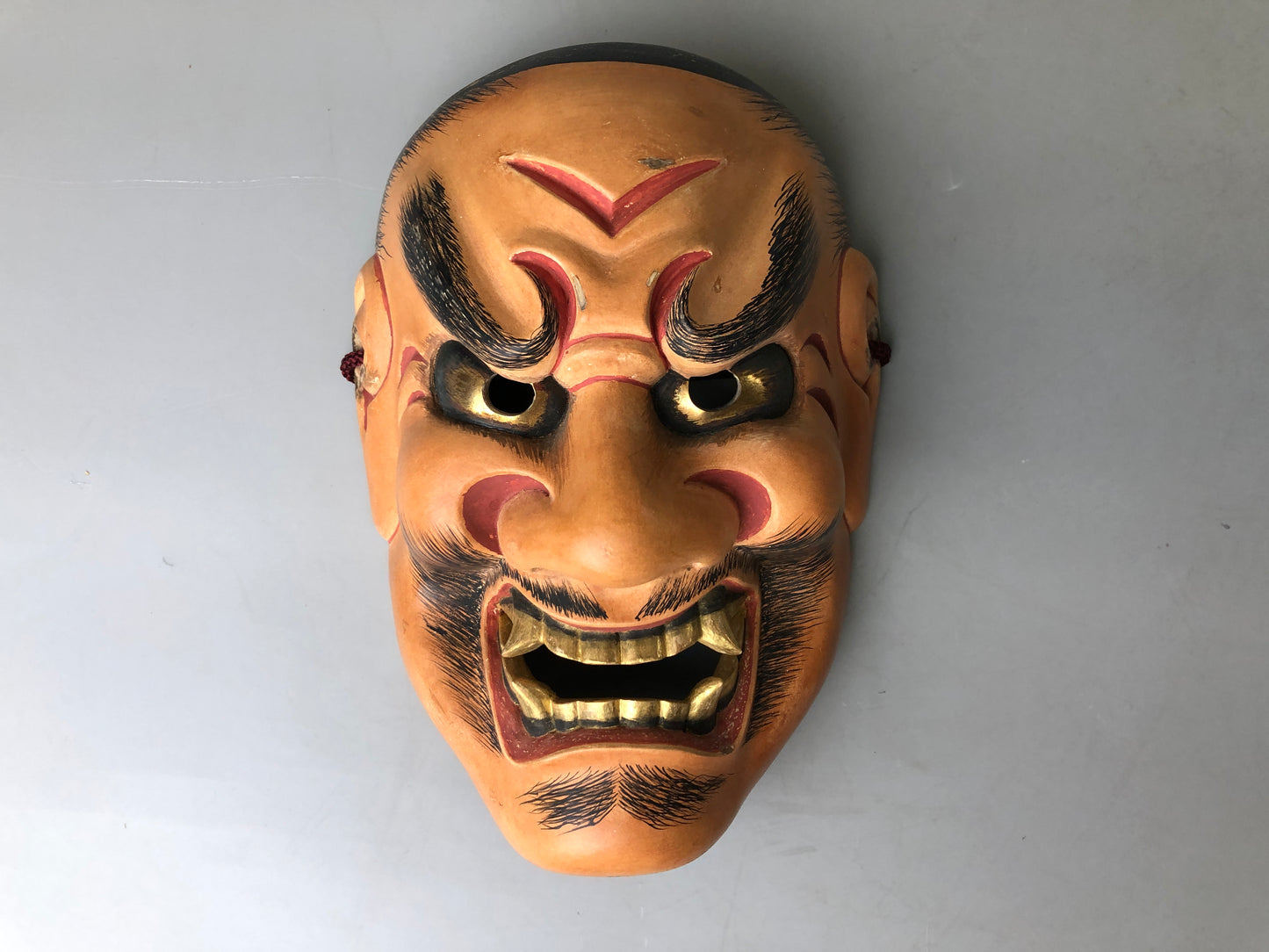 Y7368 NOH MASK wood carving bag signed Japan antique traditional drama omen men
