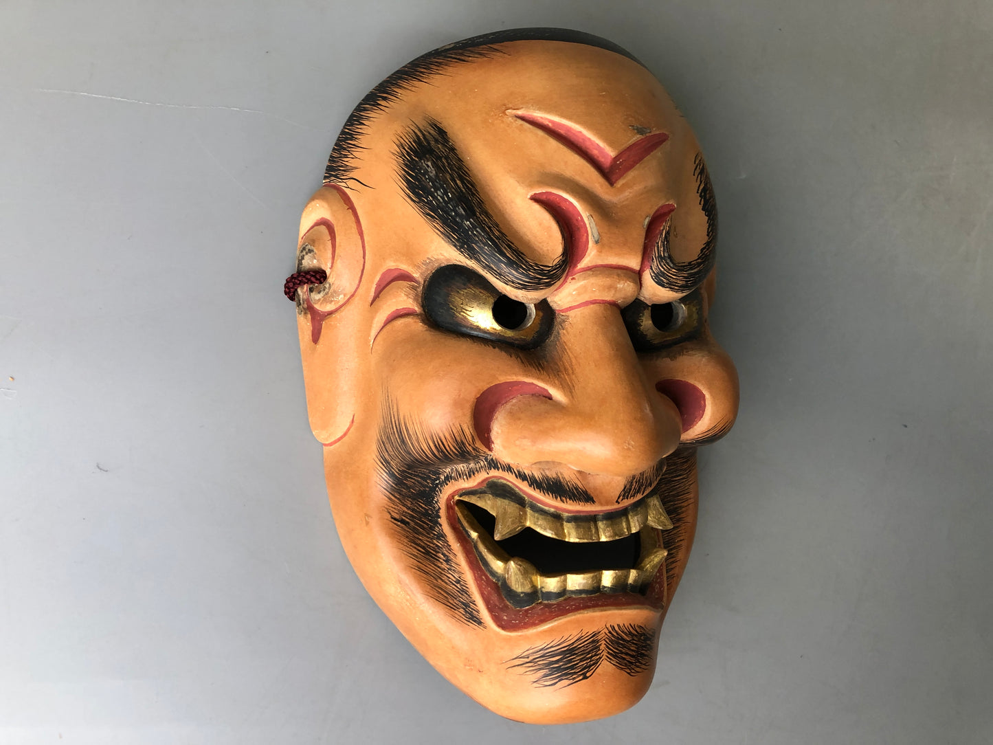 Y7368 NOH MASK wood carving bag signed Japan antique traditional drama omen men