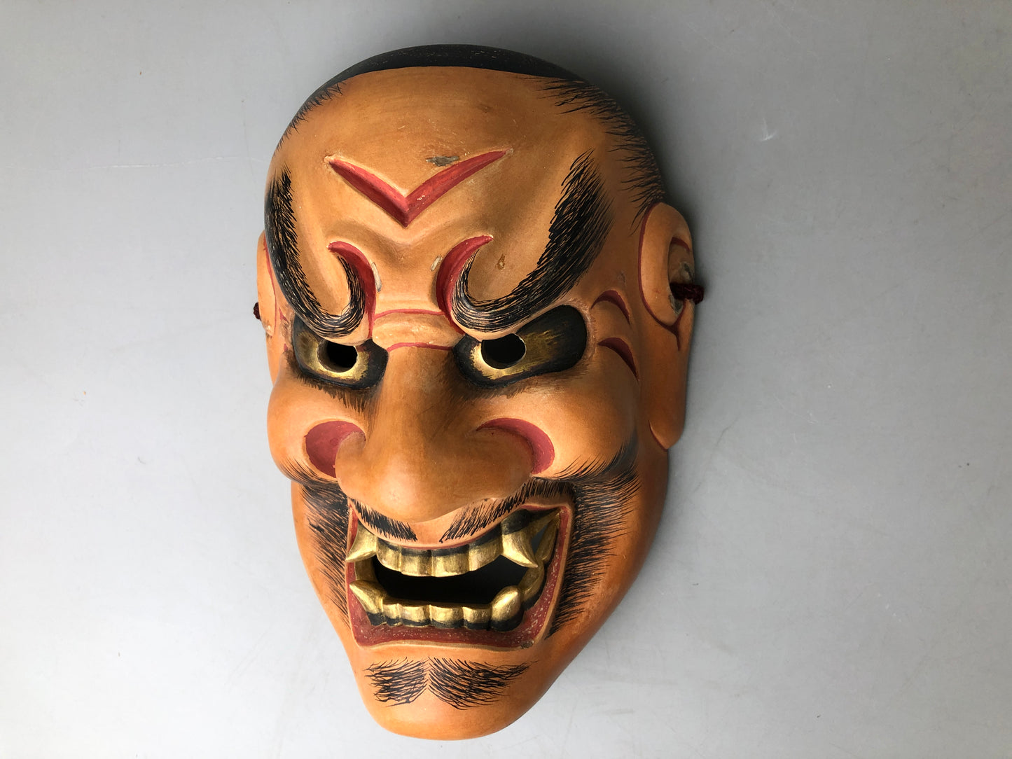 Y7368 NOH MASK wood carving bag signed Japan antique traditional drama omen men