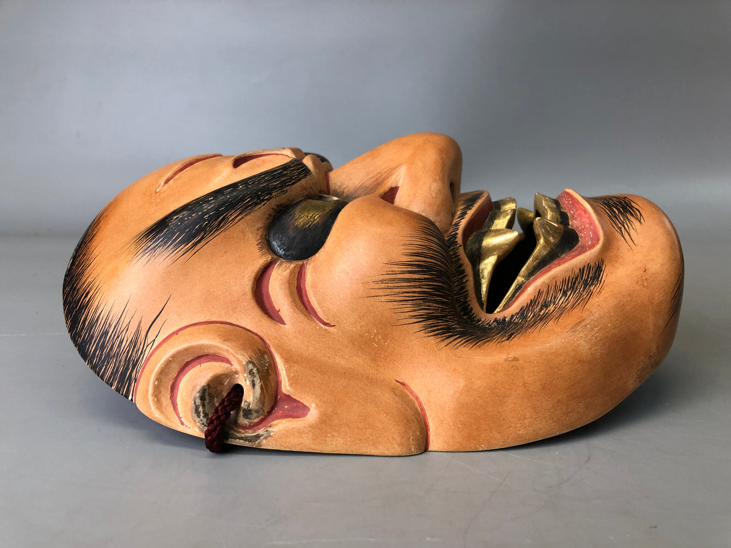 Y7368 NOH MASK wood carving bag signed Japan antique traditional drama omen men