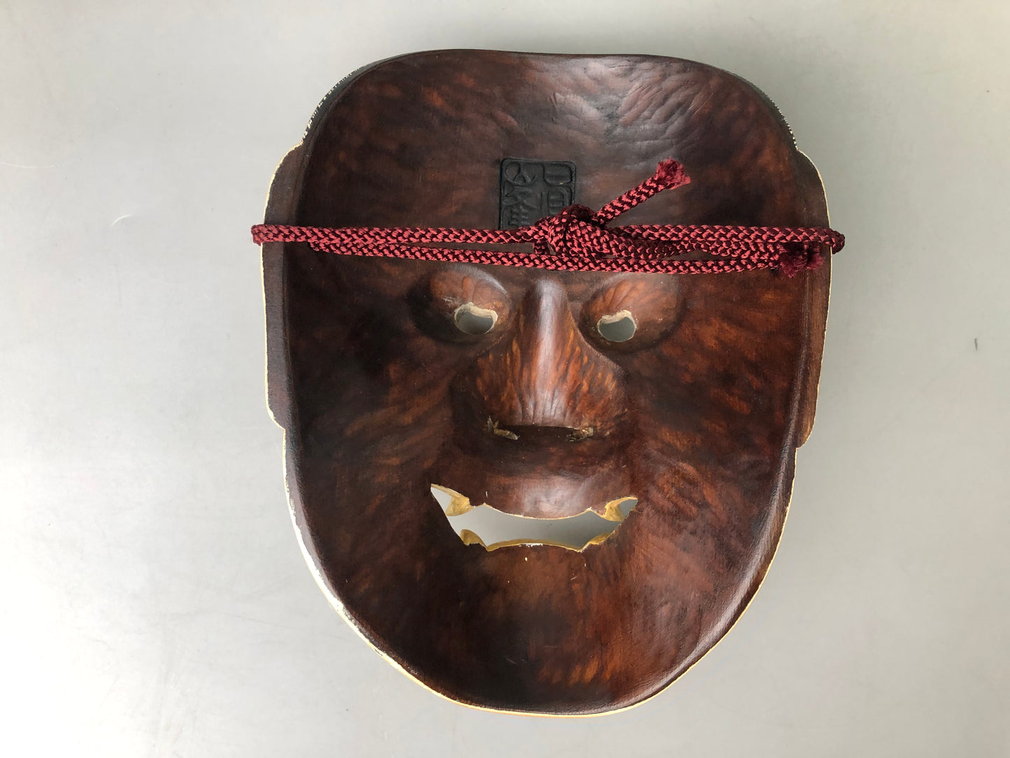 Y7368 NOH MASK wood carving bag signed Japan antique traditional drama omen men