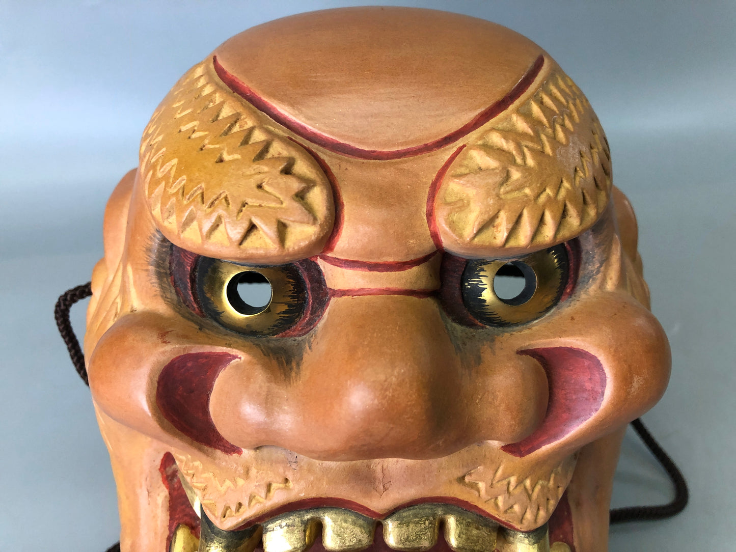 Y7373 NOH MASK wood carving Thunder bag signed Japan antique traditional omen