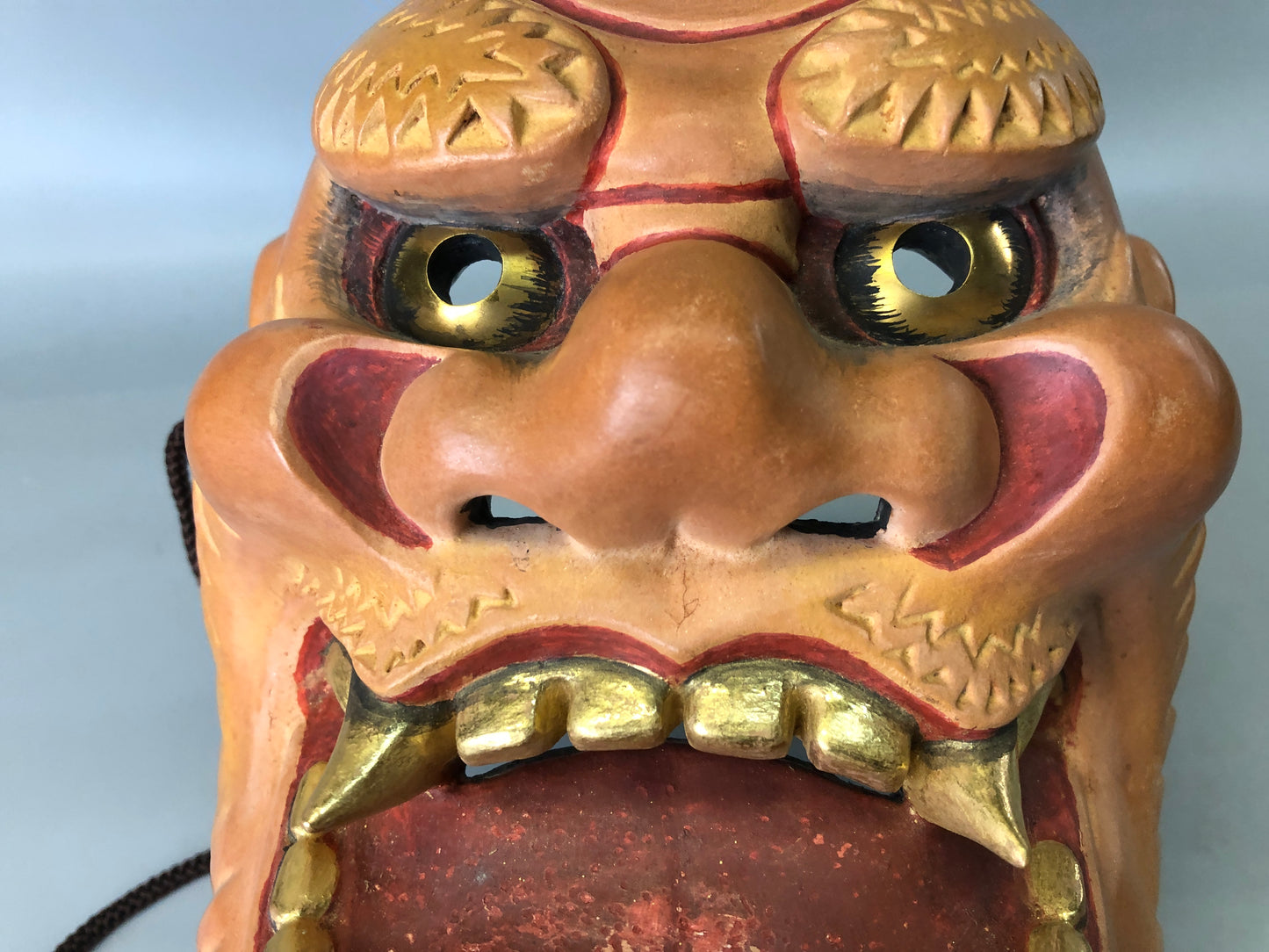 Y7373 NOH MASK wood carving Thunder bag signed Japan antique traditional omen
