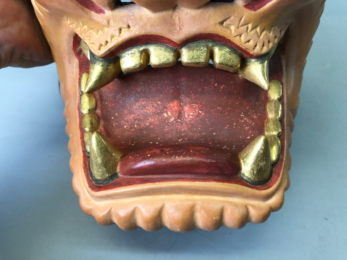 Y7373 NOH MASK wood carving Thunder bag signed Japan antique traditional omen