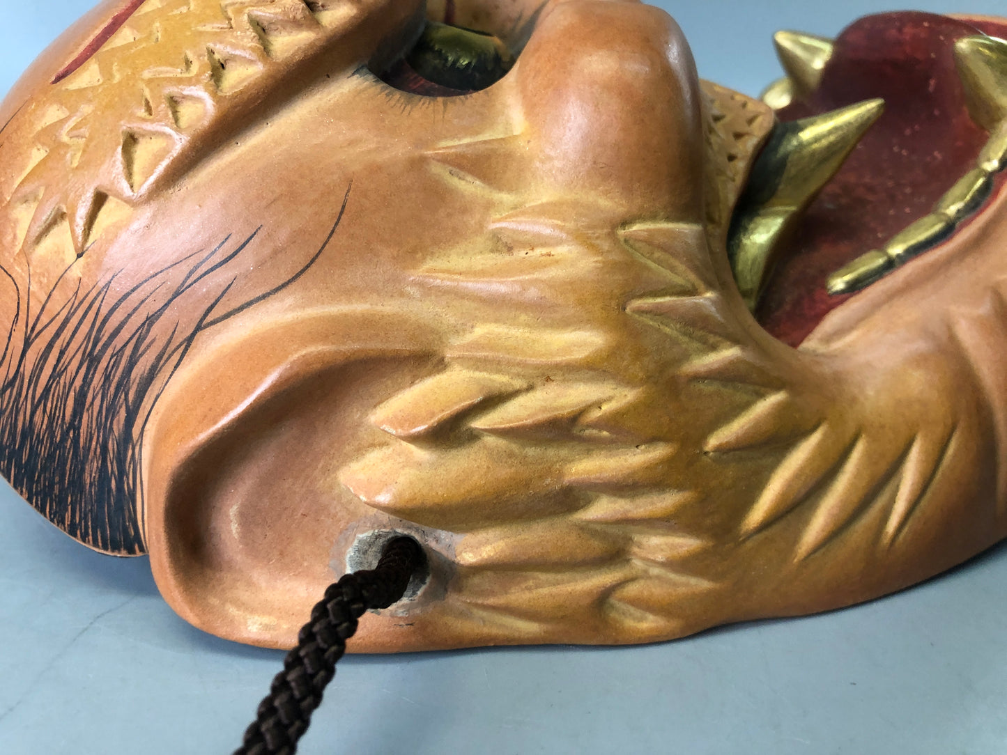 Y7373 NOH MASK wood carving Thunder bag signed Japan antique traditional omen